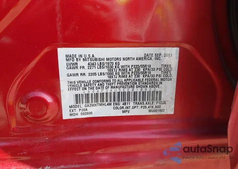 2014 Mitsubishi Outlander Sport Es z USA, uszkodzony, nr VIN 4A4AP3AU5EE010822